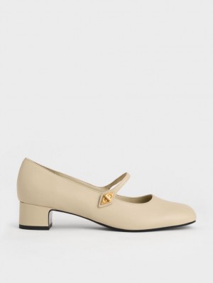 Charles & Keith Metallic Accent Mary Jane Pumps Beige | CWOPF7580