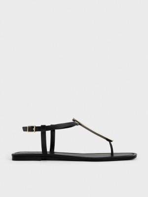 Charles & Keith Metallic Accent T-Bar Thong Flate Sandaler Svarte | DXNBU3547