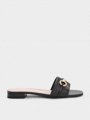 Charles & Keith Metallic Bar Slidesandaler Svarte | HTOUZ2159