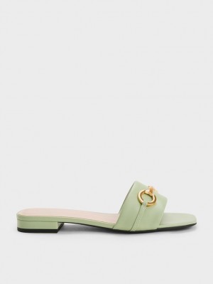 Charles & Keith Metallic Bar Slidesandaler Mint | ZFXBG4265