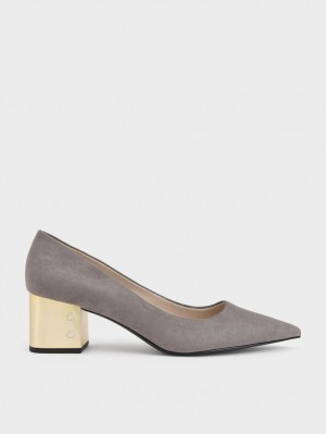 Charles & Keith Metallic Block Heel Textured Pumps Grå | LJRCA5073