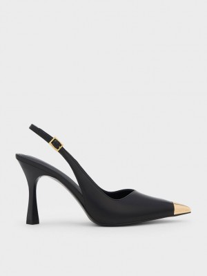 Charles & Keith Metallic Cap Pointed-Tå Slingback Pumps Svarte | XLRIZ0657