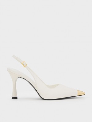 Charles & Keith Metallic Cap Pointed-Tå Slingback Pumps Hvite | GTFMP1420