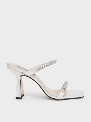 Charles & Keith Metallic Gem-Encrusted Sandaler med Hæl Sølv | BGCYM3290