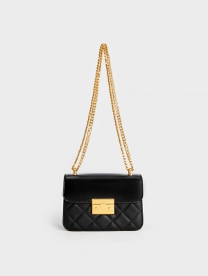 Charles & Keith Metallic Push-Lock Chain Crossbody Veske Svarte | XFAPN9418