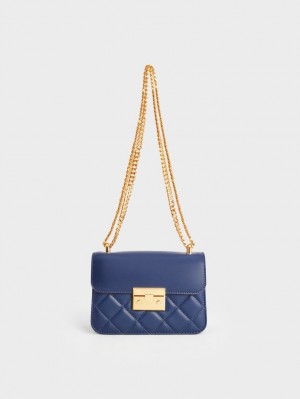 Charles & Keith Metallic Push-Lock Chain Skulderveske Marineblå | LGMHN5610