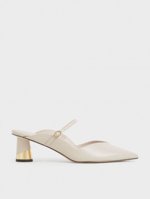 Charles & Keith Metallic Sculptural Heel Mules Sko Pisket Krem | NDMRW4735