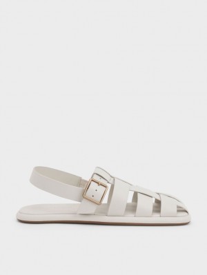 Charles & Keith Metallic Spenne Caged Slingback Flate Sandaler Hvite | RHUTG1980