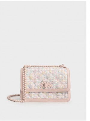 Charles & Keith Micaela Tweed Vattert Chain Crossbody Veske Lyse Rosa | DNCFI4210