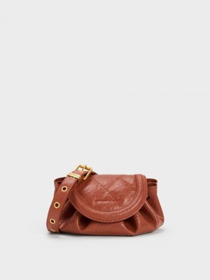 Charles & Keith Mini Blossom Curved Flap Vattert Crossbody Veske Mørke Rød | QKXIN1562