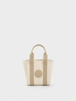 Charles & Keith Mini Kay Canvas Contrast-Trim Tote Veske Beige | YZDOC1574