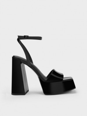 Charles & Keith Patent Ankle-Reima Platåsandaler Svarte | EKPQA1032