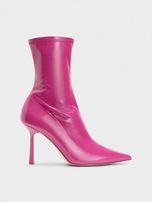 Charles & Keith Patent Crinkle-Effect Pointed-Tå Stiletto Heel Støvletter Fuchsia | IMWBT7431