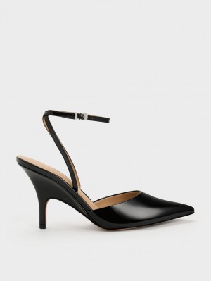 Charles & Keith Patent Lær Ankle Reima Pumps Svarte | FJHZK4291