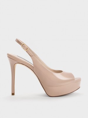 Charles & Keith Patent Platform Slingback Sandaler med Hæl Beige | DPGCO5728