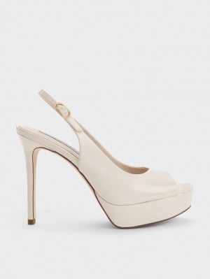 Charles & Keith Patent Platform Slingback Sandaler med Hæl Hvite | PGSHO6731