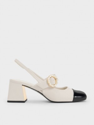 Charles & Keith Patent Two-Tone Pearl Spenne Slingback Pumps Hvite | BQTMJ7132