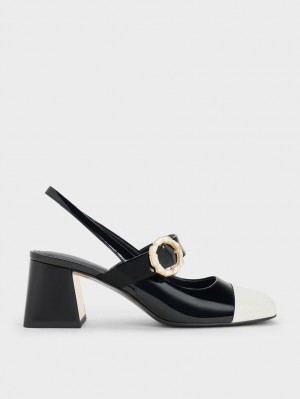 Charles & Keith Patent Two-Tone Pearl Spenne Slingback Pumps Svarte | WGFEY2371