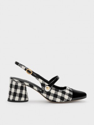 Charles & Keith Pearl Embellished Gingham Slingback Pumps Multicolor | JHTOX0763