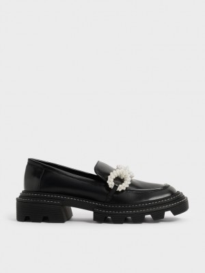 Charles & Keith Perline Beaded Platform Loafers Svarte | RFVXB4916