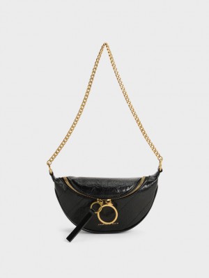 Charles & Keith Philomena Wrinkled-Effect Half-Moon Crossbody Veske Svarte | VNPZS3694