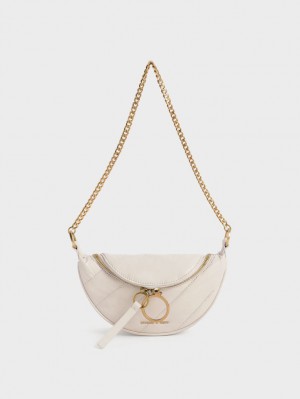 Charles & Keith Philomena Wrinkled-Effect Half-Moon Crossbody Veske Hvite | VMJLG1690