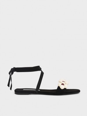 Charles & Keith Pom Pom Tie-Around Flate Sandaler Svarte | YFEMA4812