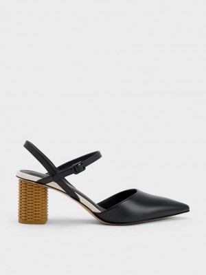 Charles & Keith Rattan Block Heel Pumps Svarte | FKEAB0761