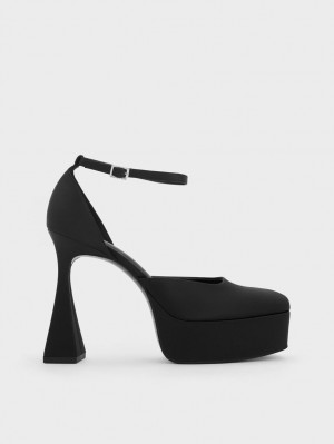 Charles & Keith Recycled Polyester Flare Heel D'Orsay Pumps Svarte | ITGNW7498