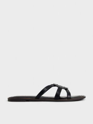 Charles & Keith Ring Detail Strappy Flats Badesandaler Svarte | DJSAB7860