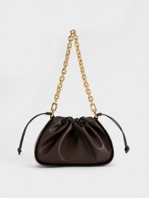 Charles & Keith Ruched Chain Handle Drawstring Skulderveske Mørke Brune | LFZGJ4860