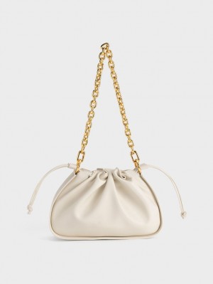 Charles & Keith Ruched Chain Handle Drawstring Skulderveske Hvite | GKEIF9508