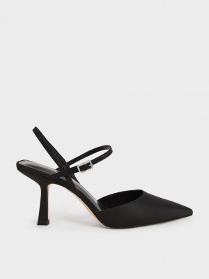 Charles & Keith Satin Ankle-Reima Pumps Svarte | RGUHX8954