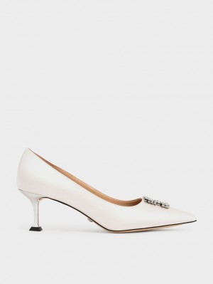 Charles & Keith Satin Gem-Embellished Kitten Heel Pumps Pisket Krem | JORAG0698