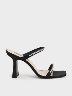 Charles & Keith Satin Gem-Encrusted Sandaler med Hæl Svarte | YDEBG6597