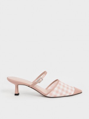 Charles & Keith Satin & Check-Print Embellished-Spenne Mules Sko Rosa | FXSTB9184