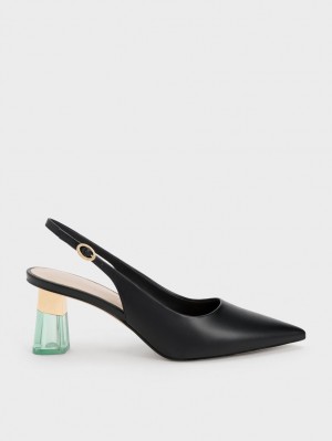 Charles & Keith See-Through Trapeze Heel Slingback Pumps Svarte | PMKLW4356