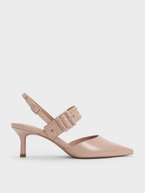 Charles & Keith Sepphe Grommet Patent Slingback Pumps Beige | HQCES7419