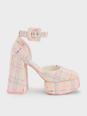 Charles & Keith Sinead Tweed Buckled D'Orsay Platform Pumps Multicolor | UXFJN2358