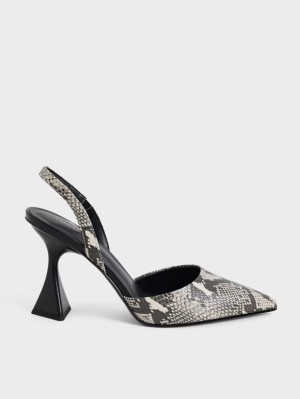 Charles & Keith Snake-Print Slingback Pumps Beige | RXCNV5461