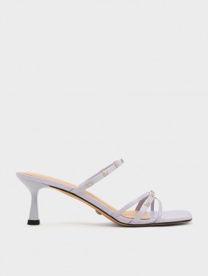 Charles & Keith Square Crystal-Embellished Metallic Lær Hælene Mules Sko Lilla | ICVKR4689