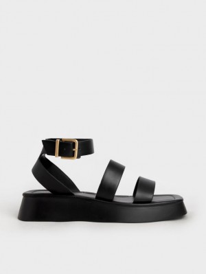 Charles & Keith Square Tå Ankle Sandaler Med Reim Svarte | SFNRZ9730