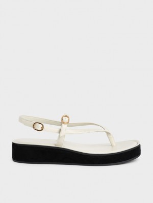 Charles & Keith Strappy Flatform Thong Platåsandaler Hvite | STFIN3569