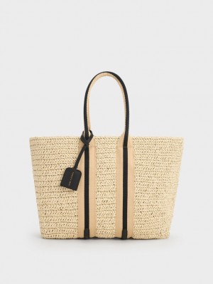 Charles & Keith Stripete Handles Raffia Tote Veske Beige | BIXTR7392