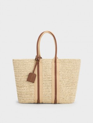 Charles & Keith Stripete Handles Raffia Tote Veske Beige | DWMVX3940