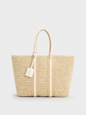 Charles & Keith Stripete Handles Raffia Tote Veske Beige | OJRTH4912