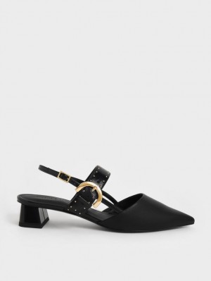 Charles & Keith Studded Buckled Slingback Pumps Svarte | ZANGL5608