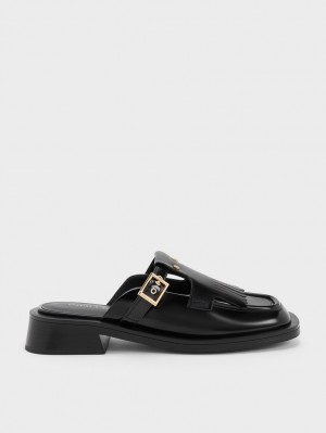 Charles & Keith Studded Cut-Out Fringe Mules Sko Svarte | WNEAL3619