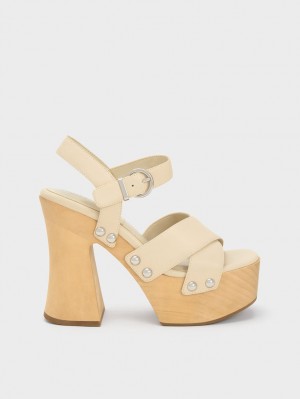 Charles & Keith Tabitha Lær Crossover Platåsandaler Pisket Krem | FOZIC6480