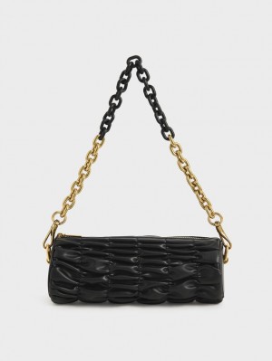 Charles & Keith Tallulah Ruched Chain-Handle Skulderveske Svarte | NJQRT8613